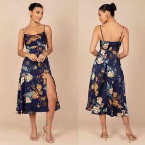 Hello Molly Women's Floral Cami Maxi Dress Side Slit Cowl Neck In Navy Multi